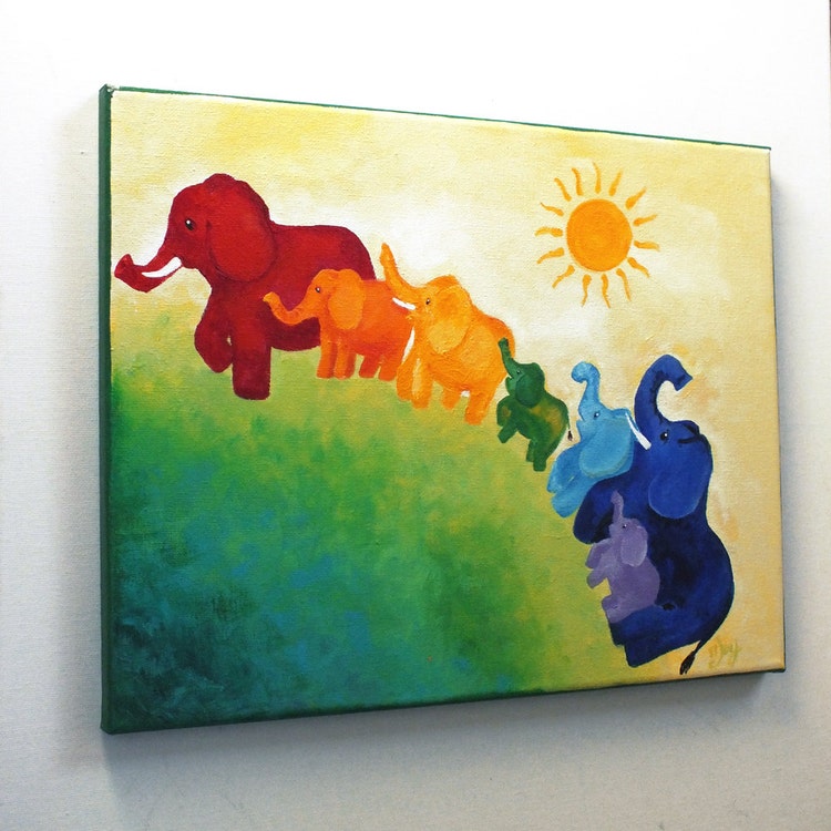 Elephant Rainbow Painting 11x14 Acrylic Canvas Wall art by nJoyArt