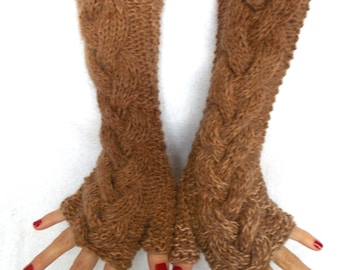 Fingerless Gloves Brown Shades Cabled Warm Arm Warmers Extra Long