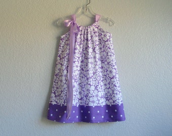 LAST ONE! Little Girls Purple Sun Dress - White Flowers on Purple and Polka Dots - Girls Pillowcase Dress - Size 12m, 2T, 3T or 4T only