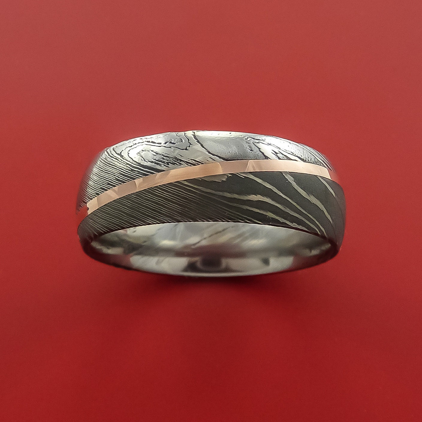 Damascus Steel Diagonal 14K Rose Gold Ring Wedding Band Custom