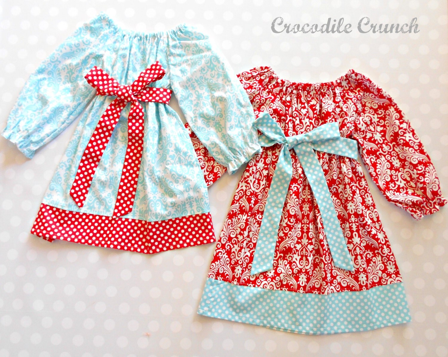 Sister Set Aqua and Red Damask Dresses by crocodilecrunch on Etsy