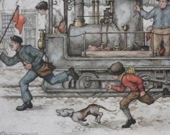 Anton Pieck The Steam Train print perfect for framing #2213 Manor Art Holland 1960's whimsical fairy tale like style dog passengers hurry