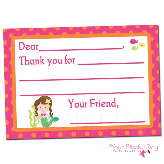 PRINTABLE Mermaid Fill-in-the-Blank Thank You Cards #552 Il_570xn
