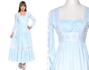 Gunne Sax Dress Pastel Blue 70s Prairie Dress Maxi Gown Lace Sleeves