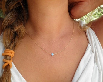 Opal Necklace, Opal Jewelry, Blue Opal Necklace, Tiny Dot Necklace, Opal Ball Necklace, Opal Gold Necklace, Opal Bead Necklace Dot Necklace