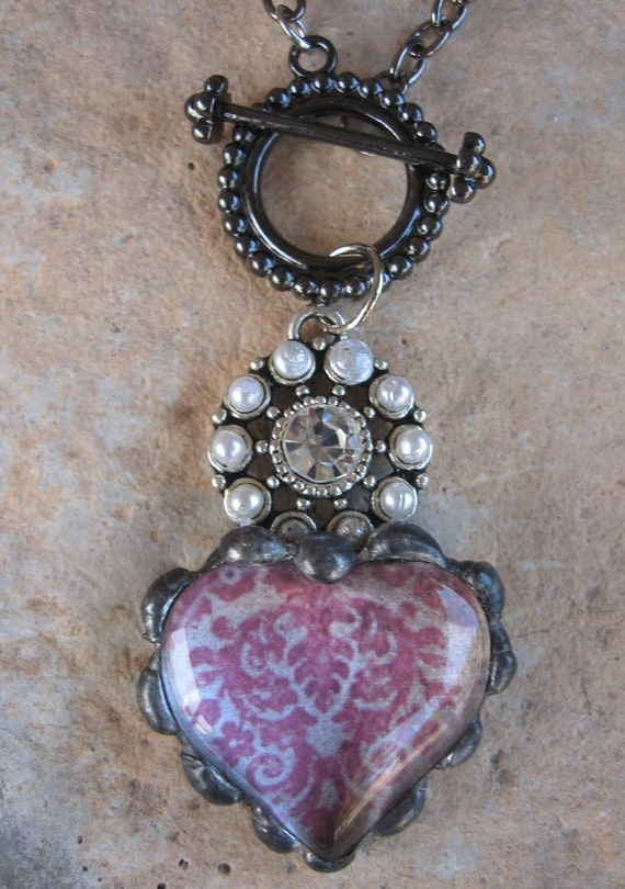 Rhinestone Pearl soldered Heart pendant necklace by