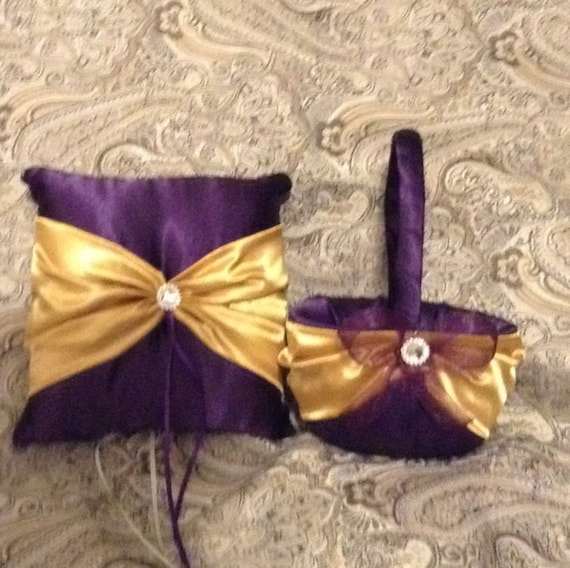 Plum purple and gold custom made flower girl basket pillow