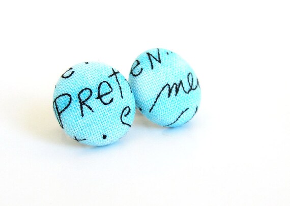 Words button earrings  tiny fabric stud earrings  by KooKooCraft