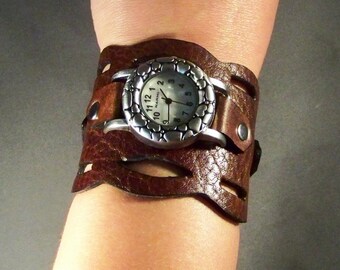 Leather Watch-Brown Watch-Wrist Watch-Women Watch-Cuff Watch-Gift For Her-Bracelet Watch-Ladies Watch-Genuine Leather-Friendship Bracelet