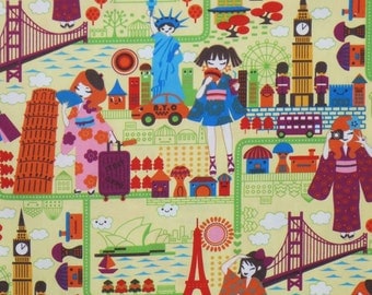 Brights on Yellow Traveling Japanese Girls Print Pure Cotton Fabric --One Yard