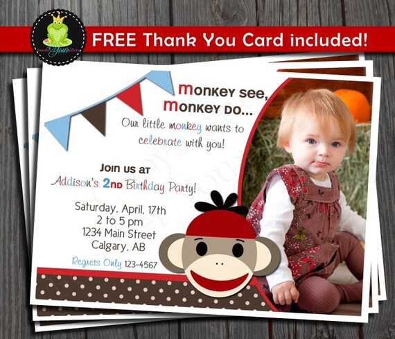 Monkey Birthday Invitation - FREE Thank You Card included Il_570xn