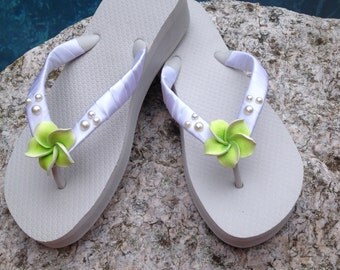Bridal Flip Flops /Wedges.Handmade Hawaiian Flowers. Pearl Flip Flops ...