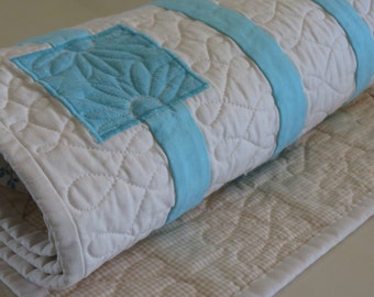 Tiffany Blue and Cream Quilted Table Runner with Appliqued Squares