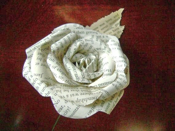 Jane Austen Pride and Prejudice vintage book paper flower rose with leaf on stem or any other of Jane Austen's books