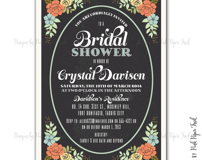 Shabby Chic Chalkboard Tea Party Invitation v4 - Customizable Wordings - Printable - Wedding - Bridal Shower - Baby Shower - Birthdays