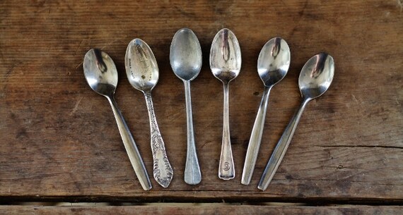 Antique Child Spoons - Set of 6 - Pewter and Silver Plate