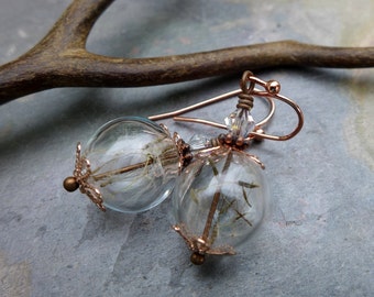 Dandelion Earrings, Real Dandelion Seed Flower Crystal Copper Earrings - Make a Wish Gift, Birthday Gift, Wish Gift, Bridal Favors