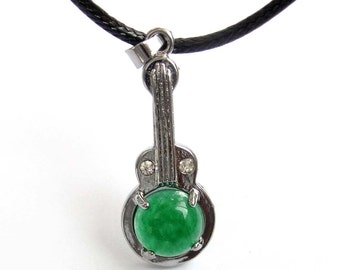 Green Gem Stone Inlaid Metal Musical Instrument Guitar Pendant One Bead 30mm x 12mm T0294