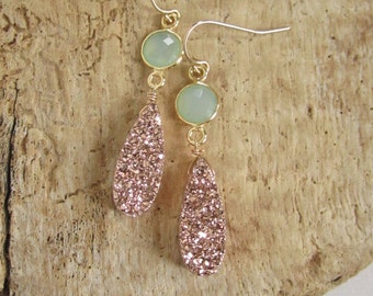 Rose Gold Druzy Earrings Drusy Quartz Sea Green Chalcedony 24K Gold Vermeil Bezel Set