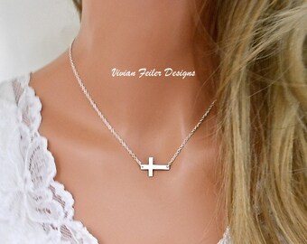 Sterling Silver Sideways Cross Necklace Centered Celebrity Style Kelly Ripa Side Cross Horizontal cross