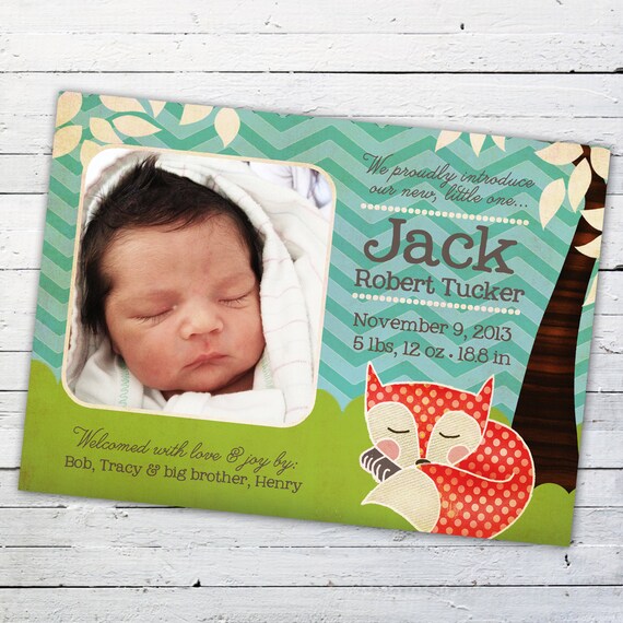 Birth Announcement Photo Card - Sleepy Fox Il_570xn