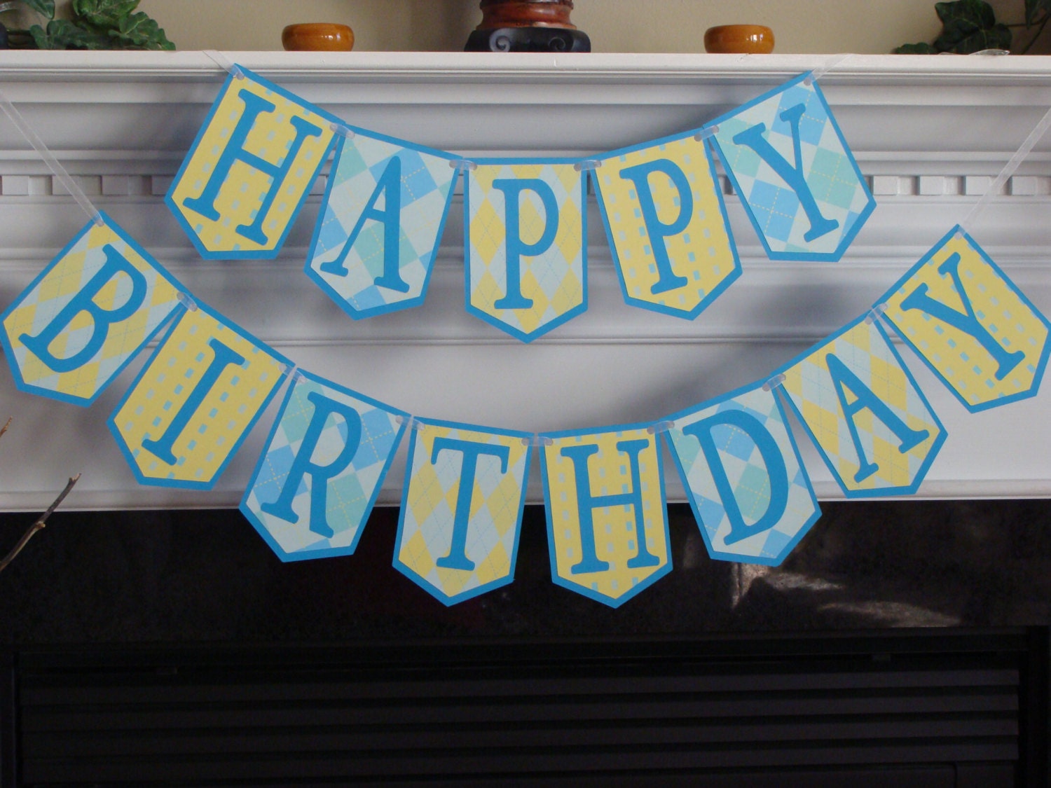 Happy Birthday Banner Blue & Yellow Pennants with Bright