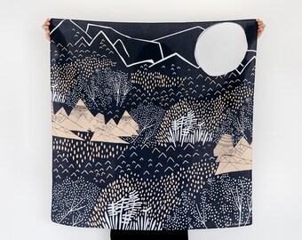 Mountain Blossom Midnight Blue Furoshiki. Japanese eco wrapping textile/scarf