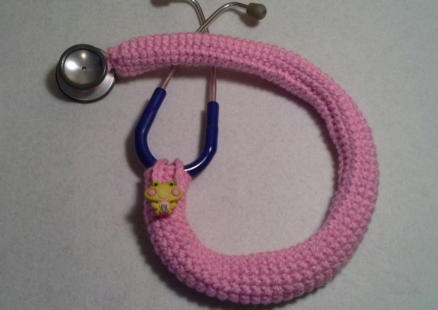 Pink Crochet Stethoscope Cover with cute Green by BeadnNeedles