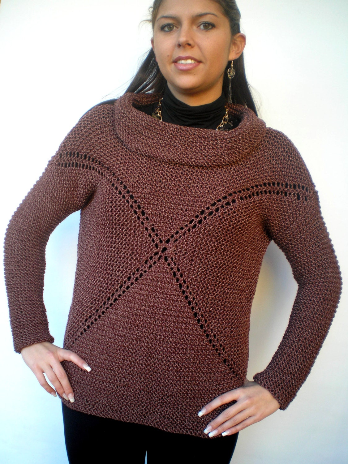 Brown X Sweater TrendylacePure Soft Wool Hand Knit by NonnaLia