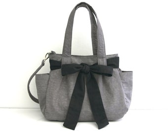 SALE Gray Diaper bag with Bow in Water-resistant Crinkle nylon, Tote bag, Messenger, Zipper closure, 3 Compartments - Nuch with Bow