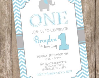 Elephant birthday invitation, elephant 1st birthday invitation, boy elephant birthday invitation, chevron birthday invitation, blue and gray