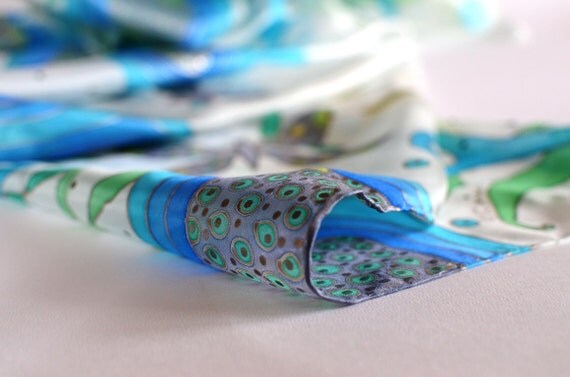 Long silk shawl hand painted turquoise  silk by AudraTextileStudio