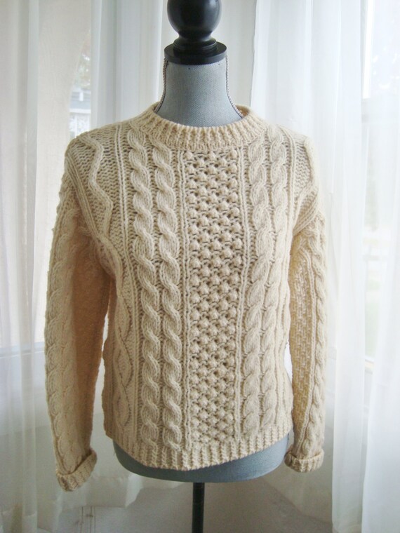 Cream Colored Wool Aran Style Fisherman Sweater Made in Italy