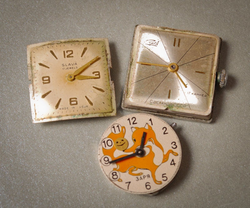 Set of 3 Vintage watch movement, watch parts, watch faces.