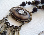Statement, necklace, bronze antiqued, aged, bone imitation, brown, huge, pendant, long, metal, enameled, resin, chain, fringe,