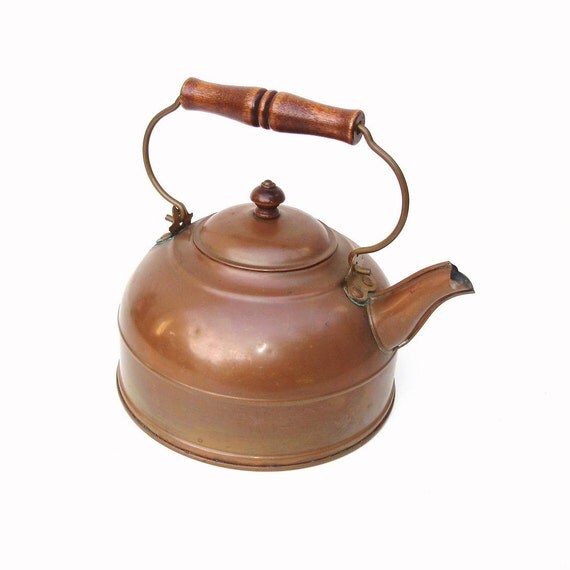 Vintage Copper Tea Kettle Wood Handle Rustic Copper by WhimzyThyme