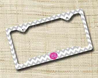 Custom Personalized License Plate Frame, Monogrammed License Plate Frame, Chevron, Light Gray & Pink or ANY colors