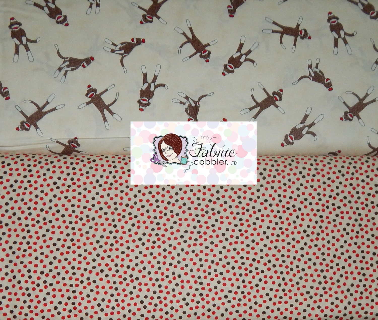 Moda international sock monkey fabric monkeys dots and