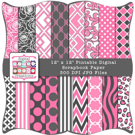 Digital Paper Pack - Pink and Gray Zebra Print, Chevron, Quatrefoil, Dots, Floral INSTANT DOWNLOAD Il_570xn