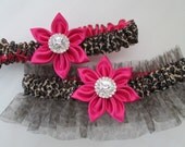 Hot Pink WEDDING Garter Set, Hot Pink Prom Garter, Leopard Bridal Garters, Fuchsia Pink Garter with Animal Print