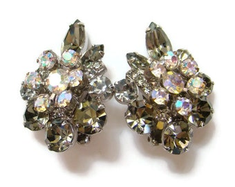 Juliana DeLizza & Elster Earrings Smoke Aurora Borealis Rhinestone Clip