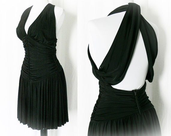Vintage 70s Draped Halter Mini Dress Black Disco by PopFizzVintage