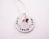 Hand stamped live laugh love pendant necklace sterling silver chain pearls