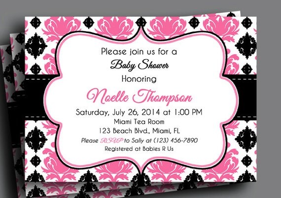 Pink & Black Damask Invitation Printable or Printed with FREE SHIPPING - Baby or Bridal Shower, Birthday, Anniversary Party, ANY Occasion Il_570xn