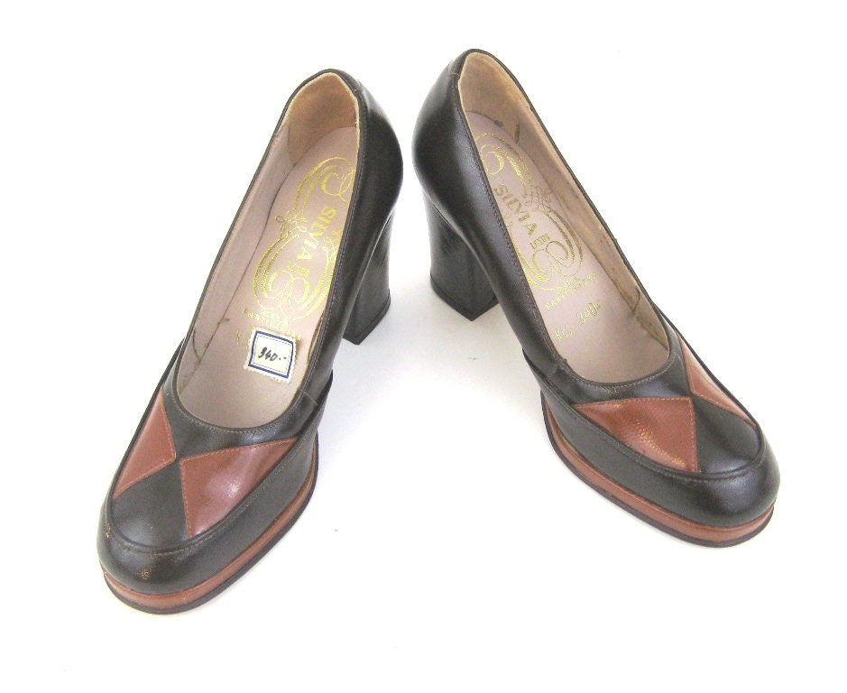 70s Chunky Heel Shoe Two Tone Brown Shoes Brown Shoes Brown