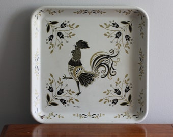 Vintage Metal Tray with Rooster Mid Century Cream Black Gold