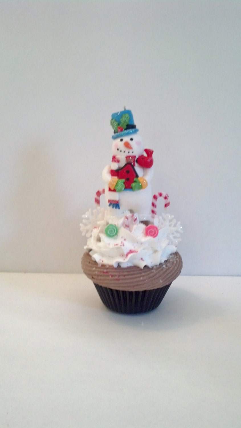 Snowman and Candy Fake Cupcake Photo Prop for Christmas Party Decorations, Shop Displays, Tree Ornaments, Home Accents, Secret Santa