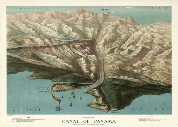 Panama Canal 1907 Panoramic Birds Eye View Map Print Poster