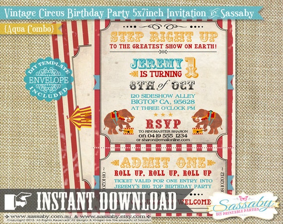 DIY Vintage Circus Invitation - INSTANT DOWNLOAD - Aqua Combo Printable Birthday Invitation by Sassaby Il_570xn