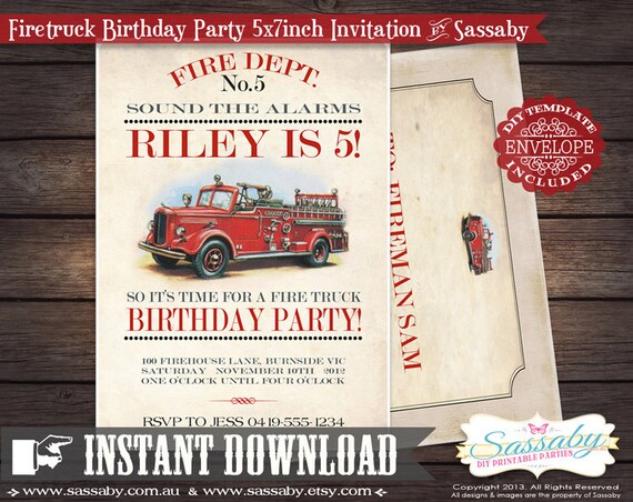 DIY Vintage Firetruck Invitation - INSTANT DOWNLOAD - Editable & Printable Birthday Party Invitation by Sassaby Il_570xn